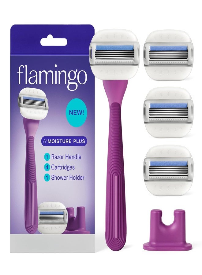 Flamingo Moisture Plus Women's Razor Set - Razor Handle, 4 Blade Refills, Shower Holder - Fig - Image 1