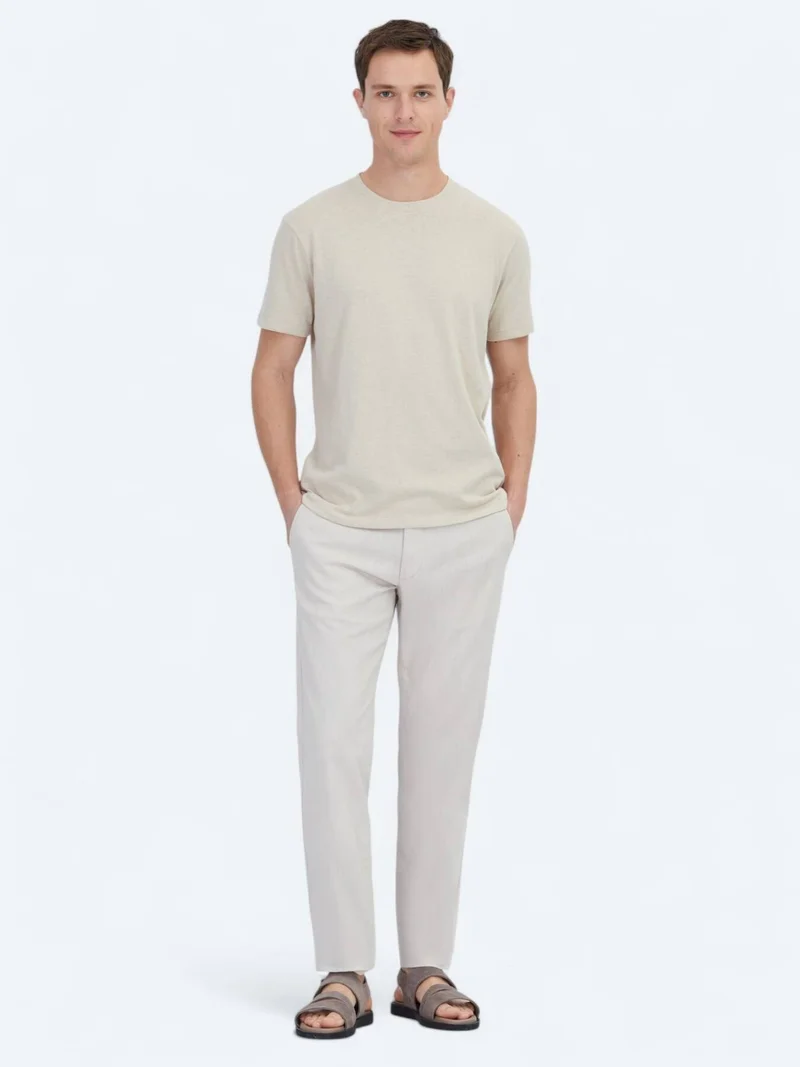 Kip Beige Plain Crew Neck Cotton Blended T-Shirt