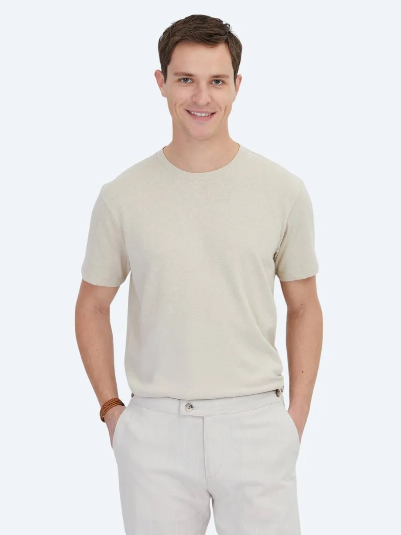 Kip Beige Plain Crew Neck Cotton Blended T-Shirt
