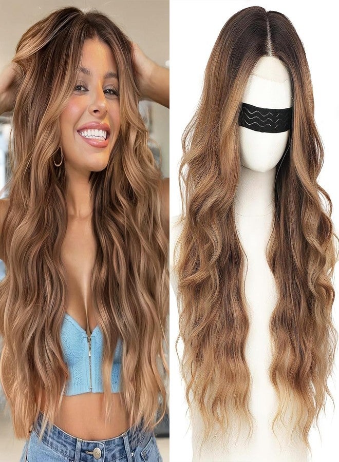 Nnzes Long Brown Mixed Blonde Wavy Wig 4x1 Lace Natural Hairline Middle Part Curly Heat-Resistant Synthetic Fiber for Women & Beginners Daily Party Use 26In - Image 1