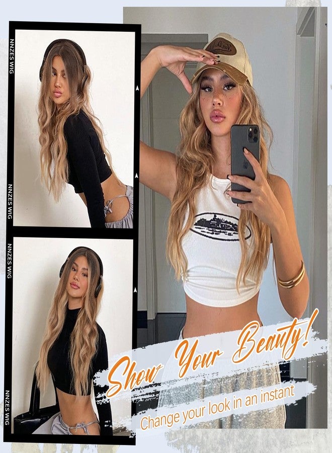 Nnzes Long Brown Mixed Blonde Wavy Wig 4x1 Lace Natural Hairline Middle Part Curly Heat-Resistant Synthetic Fiber for Women & Beginners Daily Party Use 26In - Image 4