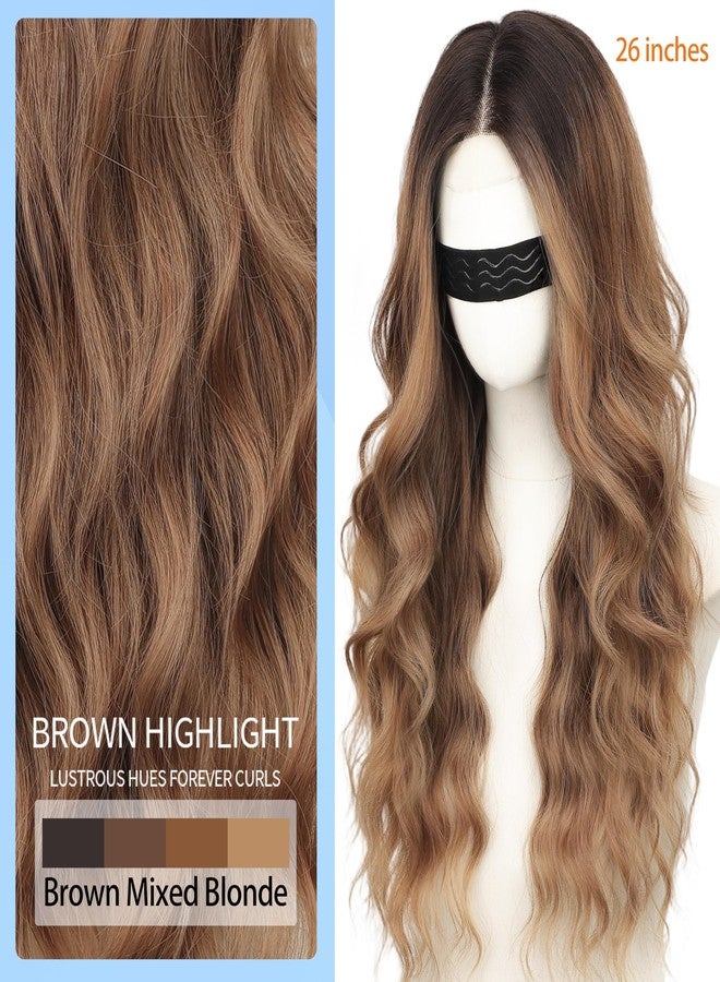 Nnzes Long Brown Mixed Blonde Wavy Wig 4x1 Lace Natural Hairline Middle Part Curly Heat-Resistant Synthetic Fiber for Women & Beginners Daily Party Use 26In - Image 2