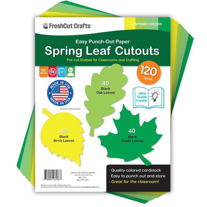 120 Pieces Spring Leaf Paper Cutouts with IDEA Guide 2Sided US Made Card Stock Punch Out Maple Oak and Birch Leaves for Bulletin Boards Classroom Decor Spring Crafts DIY Scrapbook and Posters