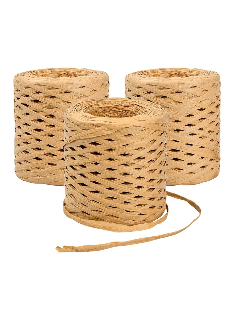 SYOSI 3 رول من شريط ورق الرافيا، 200 متر من شريط الورق المطفأ، خيوط تغليف الشريط لعملية تغليف الهدايا في المناسبات، دي آي واي زينة الحرف الفنية، باقة ثابتة (بني) - Image 1