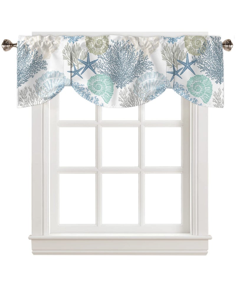 Tie Up Valance for Windows Nautical Coastal Ocean Coral Curtains Valances Rod Pocket Valance Window Treatments Beach Themed Blue Teal Balloon Curtains for Kitchen Living Room Bedroom Bathroom 42x12