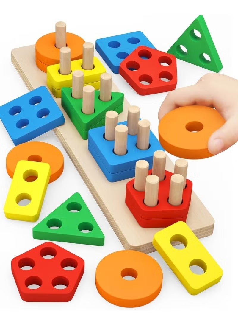 BT Five Sets Of Column Toys Geometric Shape Matching 1-3 Years Old Boys Girls Toddlers, Wooden Sorting And Stacking Toys For Toddlers And Kids Preschool, Educational Toys, Color Recognition Stacker Shape Sorter, Learning Puzzles - Image 1