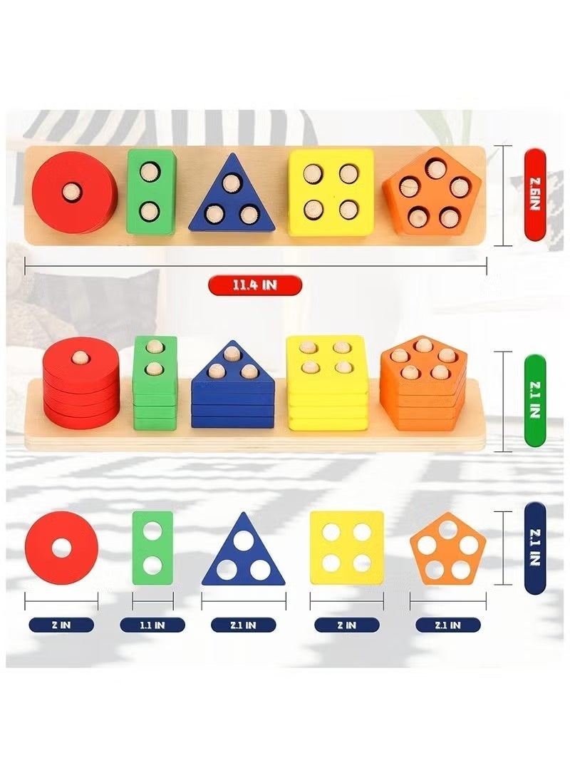 BT Five Sets Of Column Toys Geometric Shape Matching 1-3 Years Old Boys Girls Toddlers, Wooden Sorting And Stacking Toys For Toddlers And Kids Preschool, Educational Toys, Color Recognition Stacker Shape Sorter, Learning Puzzles - Image 2
