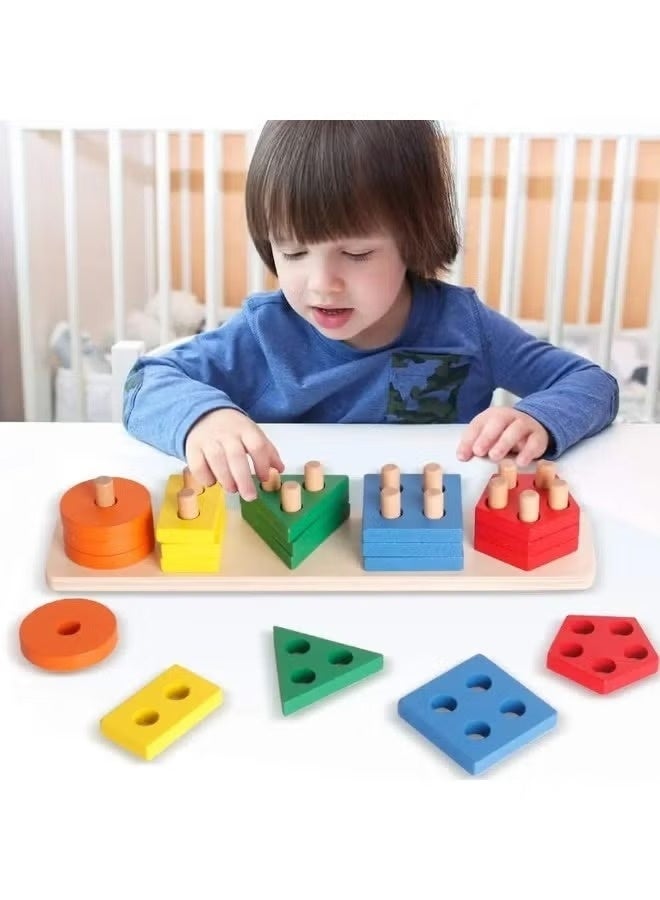 BT Five Sets Of Column Toys Geometric Shape Matching 1-3 Years Old Boys Girls Toddlers, Wooden Sorting And Stacking Toys For Toddlers And Kids Preschool, Educational Toys, Color Recognition Stacker Shape Sorter, Learning Puzzles - Image 4