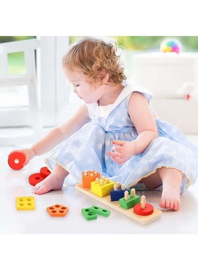 BT Five Sets Of Column Toys Geometric Shape Matching 1-3 Years Old Boys Girls Toddlers, Wooden Sorting And Stacking Toys For Toddlers And Kids Preschool, Educational Toys, Color Recognition Stacker Shape Sorter, Learning Puzzles - Image 5