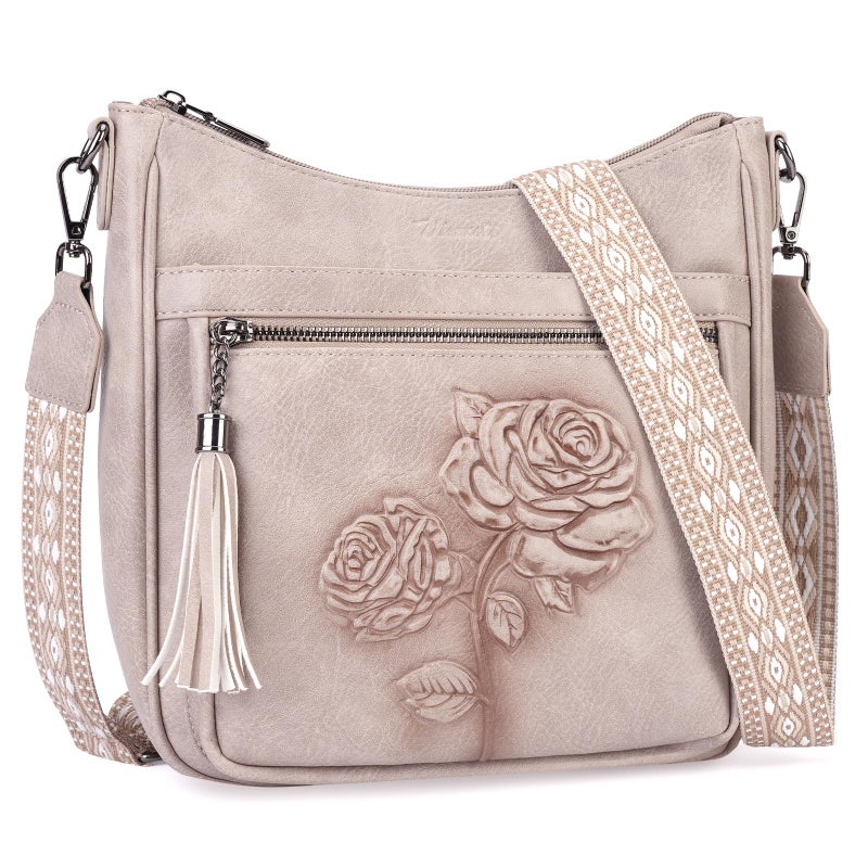 VIMUTI Crossbody Bags for Women Trendy Vegan Leather Hobo Purses for Women Embossed Flower Shoulder Handbags Bucket Bag (05-Gray) - Image 1