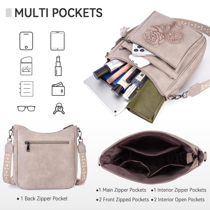 VIMUTI Crossbody Bags for Women Trendy Vegan Leather Hobo Purses for Women Embossed Flower Shoulder Handbags Bucket Bag (05-Gray) - Image 5
