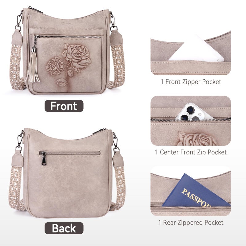 VIMUTI Crossbody Bags for Women Trendy Vegan Leather Hobo Purses for Women Embossed Flower Shoulder Handbags Bucket Bag (05-Gray) - Image 4