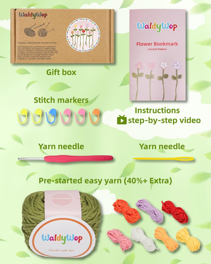 WaldyWop Crochet Kit for Beginners - 8 Flower Bookmarks Knitting Kit w/Step-by-Step Video Tutorials & Soft Yarn, Hook - Wobbles DIY Art Craft Kit for Adults, Birthday Gifts for Women Teen - Image 2