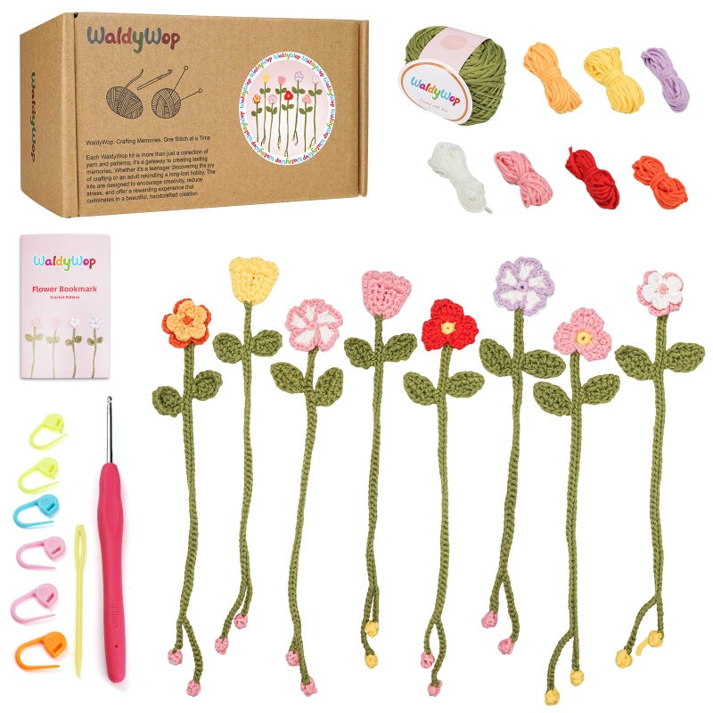 WaldyWop Crochet Kit for Beginners - 8 Flower Bookmarks Knitting Kit w/Step-by-Step Video Tutorials & Soft Yarn, Hook - Wobbles DIY Art Craft Kit for Adults, Birthday Gifts for Women Teen - Image 1