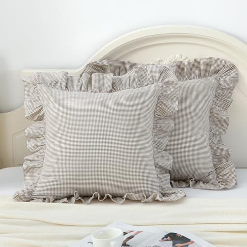 Silnuo Brown/White Ruffle Plaid Throw Pillow Covers Set of 2,Farmhouse Checkered Gingham Pillowcases 20"x20" Pillow Shams for Couch,Sofa,Bed and Living Room - Image 1