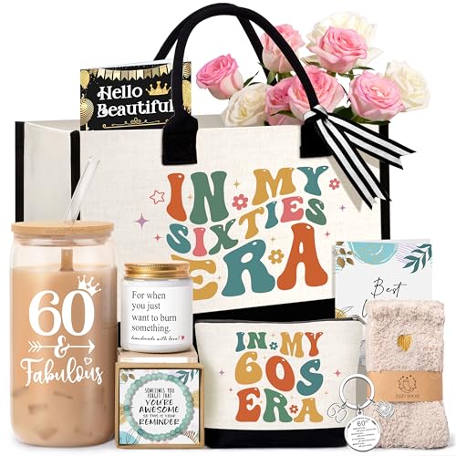 Lepiche 60th Birthday Gifts for Her Women, Gifts for 60 Year Old Woman, Unique 60th Birthday Ideas with Canvas Tote Bag Glass Cup Candle Gift Basket, Presents for Mom Sister Friend Wife Grandma Coworkers - Image 1