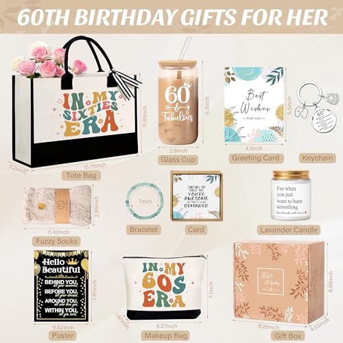 Lepiche 60th Birthday Gifts for Her Women, Gifts for 60 Year Old Woman, Unique 60th Birthday Ideas with Canvas Tote Bag Glass Cup Candle Gift Basket, Presents for Mom Sister Friend Wife Grandma Coworkers - Image 3