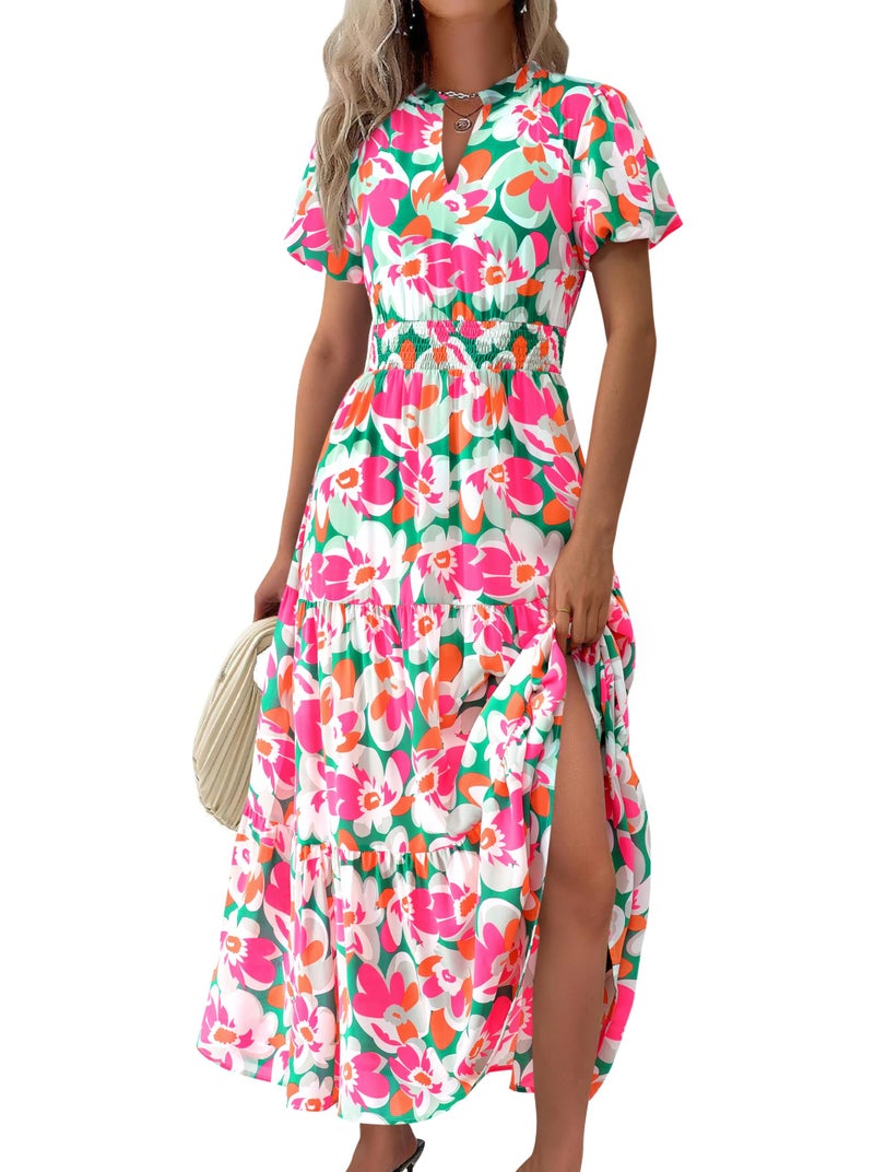 MASCOMODA Summer Boho Maxi Dress for Women 2026 Casual Puff Short Sleeve Smocked V Neck Flowy Beach Long Floral Dresses(Green Pink Flower,Large) - Image 1