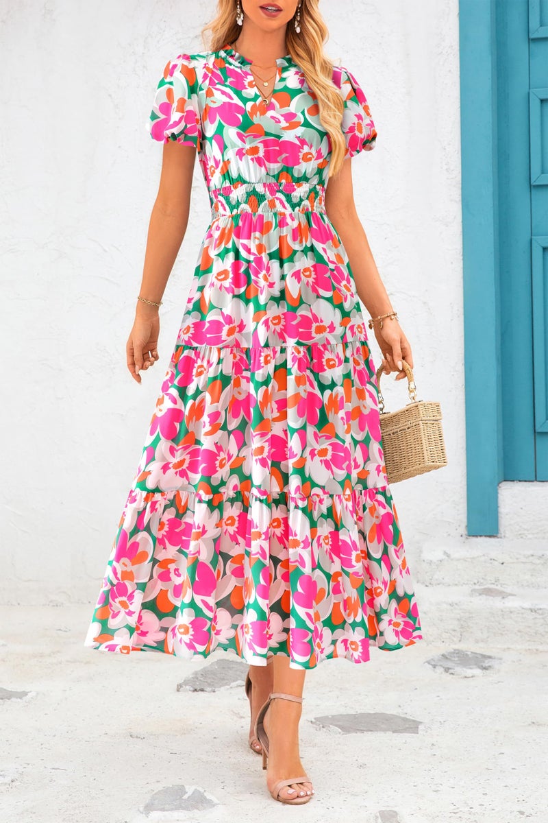 MASCOMODA Summer Boho Maxi Dress for Women 2026 Casual Puff Short Sleeve Smocked V Neck Flowy Beach Long Floral Dresses(Green Pink Flower,Large) - Image 3