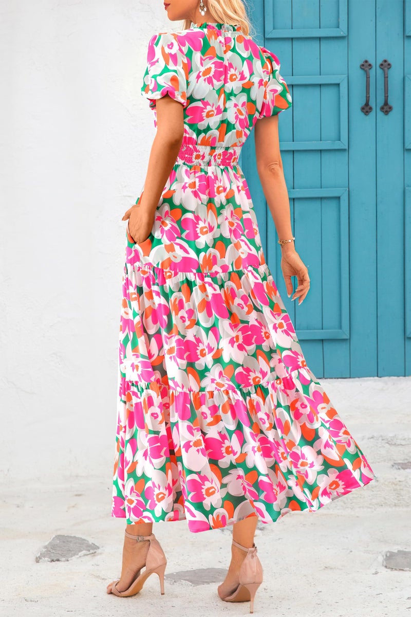 MASCOMODA Summer Boho Maxi Dress for Women 2026 Casual Puff Short Sleeve Smocked V Neck Flowy Beach Long Floral Dresses(Green Pink Flower,Large) - Image 2