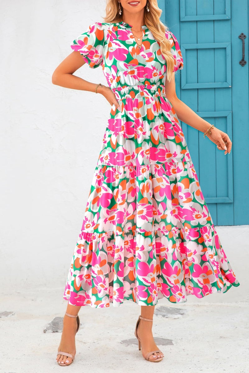 MASCOMODA Summer Boho Maxi Dress for Women 2026 Casual Puff Short Sleeve Smocked V Neck Flowy Beach Long Floral Dresses(Green Pink Flower,Large) - Image 4