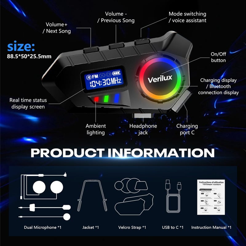 Verilux ® 2-in-1 Bluetooth Helmet Headset for Bike, Motorcycles and Outdoor Sports, Microphone & LCD Display, Wireless Hands-Free type-c Headset Mic, Supports Android & iOS, Compatible with All Helmets - Image 2