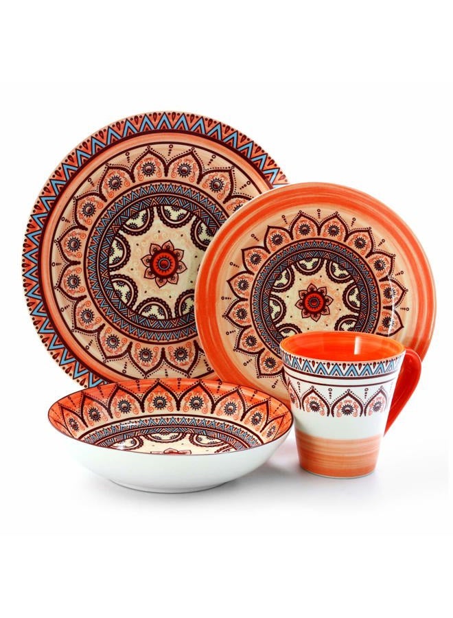Elama Multicolored Round Stoneware Mandala Pattern Dinnerware Set, 16 Piece, Blue - Image 1