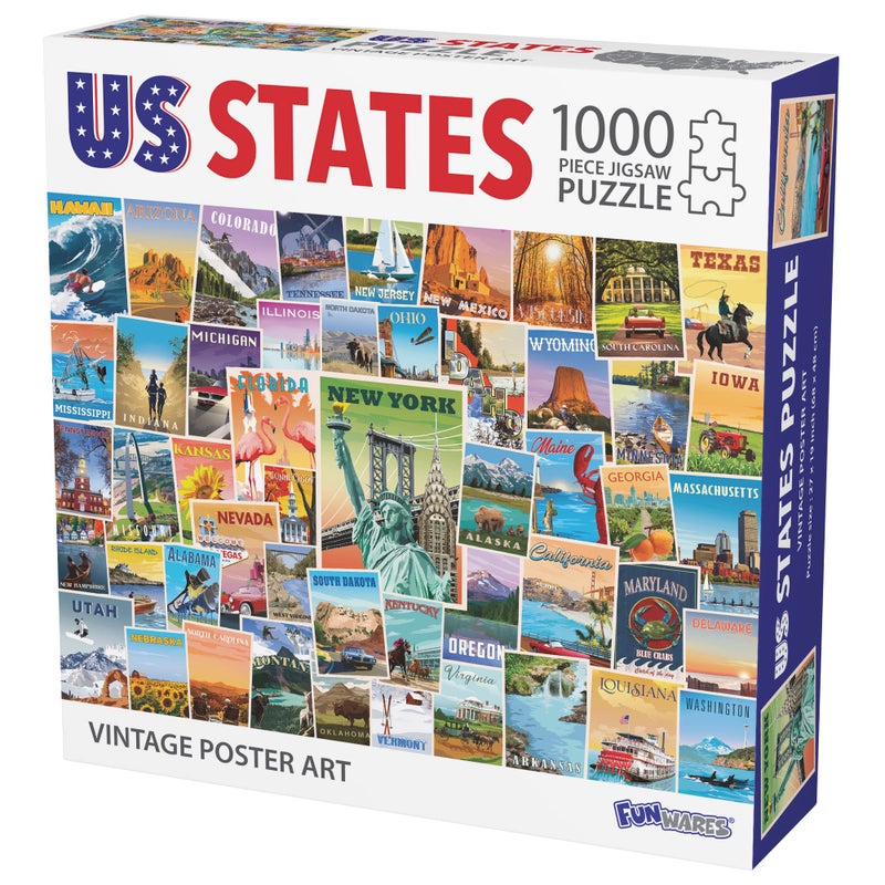 Funwares US States Vintage Poster Art 1000 Piece Jigsaw Puzzle with Landmarks and Attractions from All 50 States - Image 1
