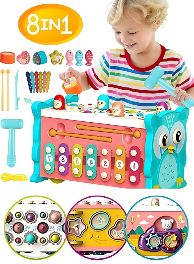 8-in-1 Montessori Hammering Toy for Toddlers – Activity Cube with Whack-A-Mole, Xylophone, Fishing Game, Shape Sorter & Pull-Along Bus, Interactive Educational Toy for Boys & Girls - Image 1