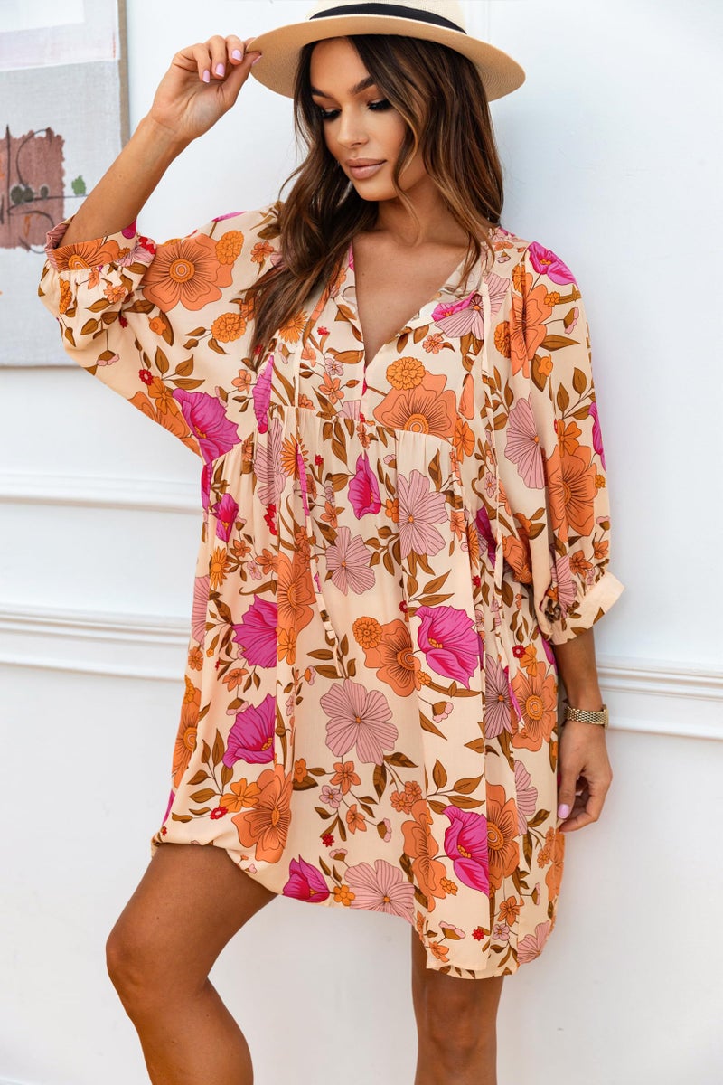miduo Womens Casual Summer Beach Dress Short Sleeve V Neck Floral Boho Babydoll Tunic Shift Mini Dress Short Dresses Sundress XL Yellow - Image 3