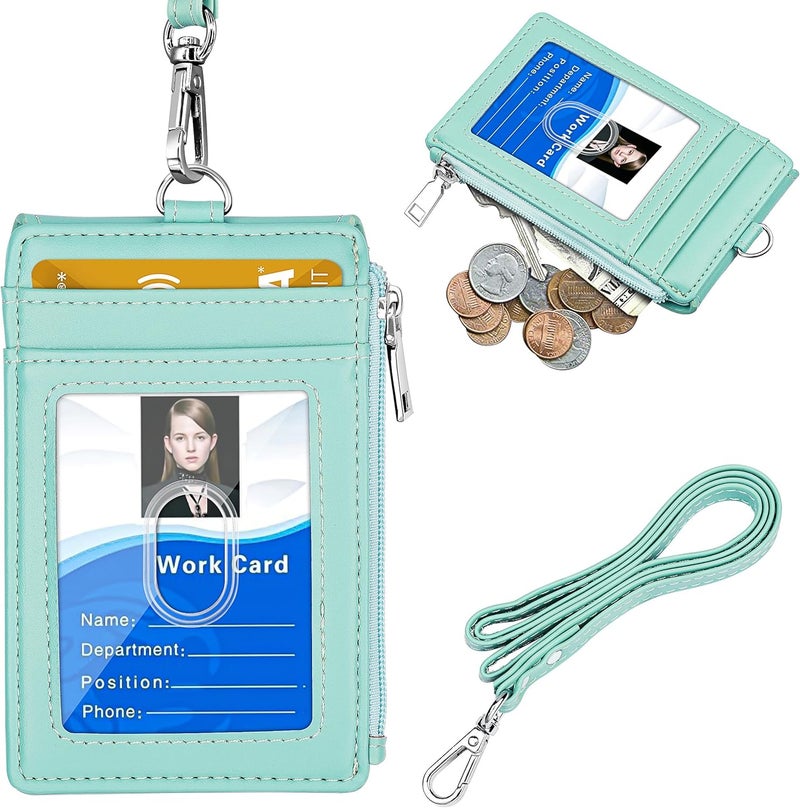 ELV Badge Holder with Zipper, PU Leather ID Badge Card Holder Wallet with 5 Card Slots, 1 Side RFID Blocking Pocket and 20 Inch Neck Lanyard Strap for Offices ID, School ID, Driver Licence (Black - Image 1