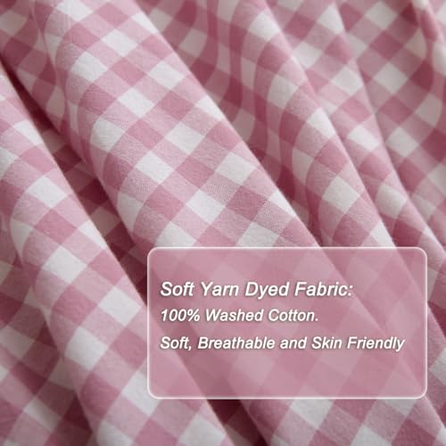 Silnuo Vintage Pink/White Plaid Ruffle 3-Piece Duvet Cover Set King Size,Washed Cotton Shabby Gingham Checkered Bedding Set Farmhouse Comforter Set - Image 5