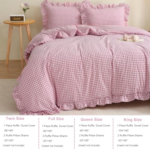 Silnuo Vintage Pink/White Plaid Ruffle 3-Piece Duvet Cover Set King Size,Washed Cotton Shabby Gingham Checkered Bedding Set Farmhouse Comforter Set - Image 3