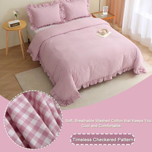 Silnuo Vintage Pink/White Plaid Ruffle 3-Piece Duvet Cover Set King Size,Washed Cotton Shabby Gingham Checkered Bedding Set Farmhouse Comforter Set - Image 2