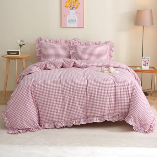 Silnuo Vintage Pink/White Plaid Ruffle 3-Piece Duvet Cover Set King Size,Washed Cotton Shabby Gingham Checkered Bedding Set Farmhouse Comforter Set - Image 1