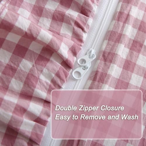 Silnuo Vintage Pink/White Plaid Ruffle 3-Piece Duvet Cover Set King Size,Washed Cotton Shabby Gingham Checkered Bedding Set Farmhouse Comforter Set - Image 4