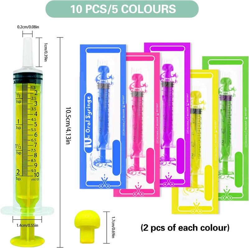 FINEASY 10 Pack 10ml Plastic Syringe with Cap, Colourful Syringe Reusable, Disposable Sterile Syringes for Scientific Labs Measuring Baby Medicine Dispensing Animal Feeding Plant Watering - Image 2