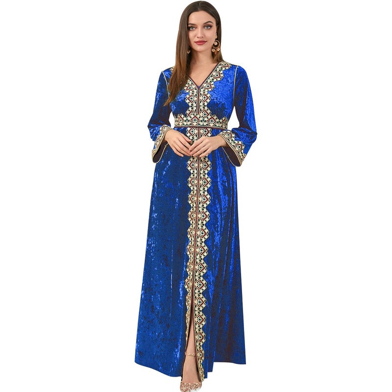 ODIZLI Muslim Dress for Women Dubai Abaya Dress Long Sleeve V Neck Embroidered Velvet Dress Kaftan Dubai Islamic Middle East Modest Dress Ramadan Eid Abayas Women Moroccan Party Dresses Royal Blue M - Image 2