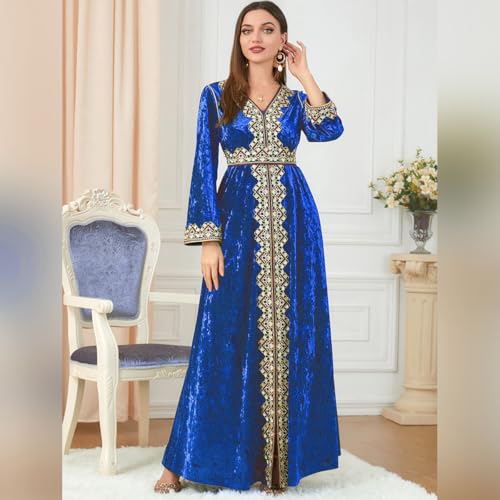 ODIZLI Muslim Dress for Women Dubai Abaya Dress Long Sleeve V Neck Embroidered Velvet Dress Kaftan Dubai Islamic Middle East Modest Dress Ramadan Eid Abayas Women Moroccan Party Dresses Royal Blue M - Image 3