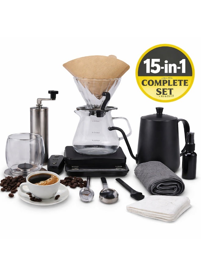 Denx 15-in-1 Coffee Maker Kit DX4205 Pour Over Coffee Set with Glass Dripper, Gooseneck Kettle, Manual Grinder & Barista Accessories – Portable Coffee Brewing Kit for Home, Travel & Camping - Image 1