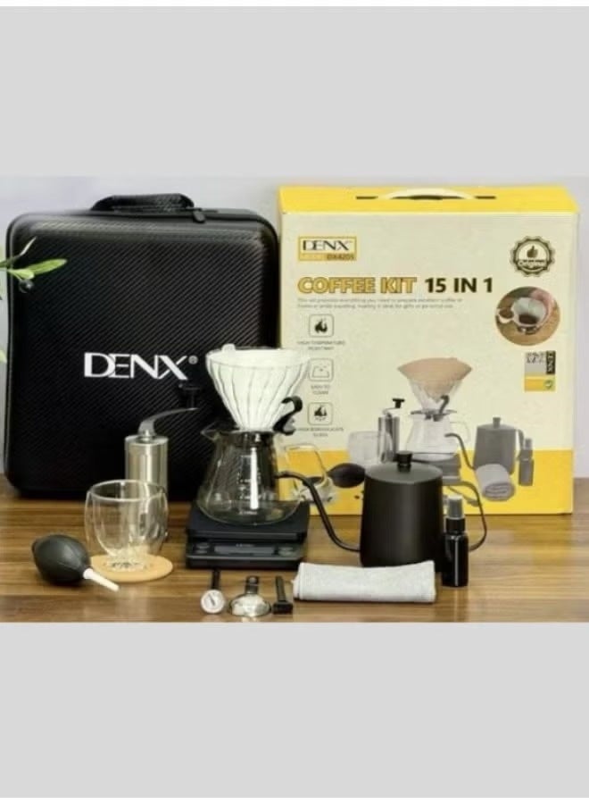 Denx 15-in-1 Coffee Maker Kit DX4205 Pour Over Coffee Set with Glass Dripper, Gooseneck Kettle, Manual Grinder & Barista Accessories – Portable Coffee Brewing Kit for Home, Travel & Camping - Image 3