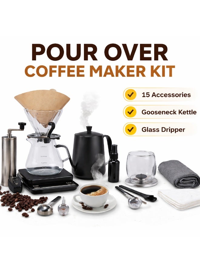 Denx 15-in-1 Coffee Maker Kit DX4205 Pour Over Coffee Set with Glass Dripper, Gooseneck Kettle, Manual Grinder & Barista Accessories – Portable Coffee Brewing Kit for Home, Travel & Camping - Image 4