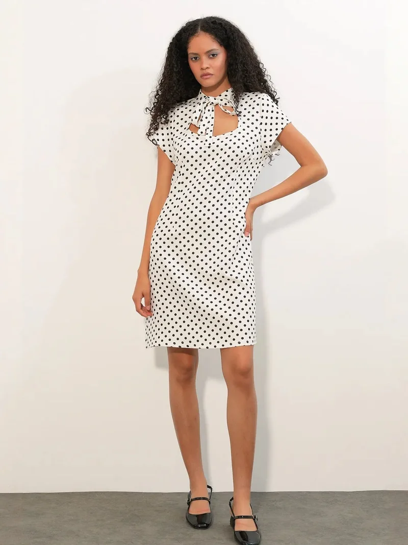 Big Dart Dusty White BDART Polka Dot A-Line Mini Dress With Bow for Women | Best Price UAE