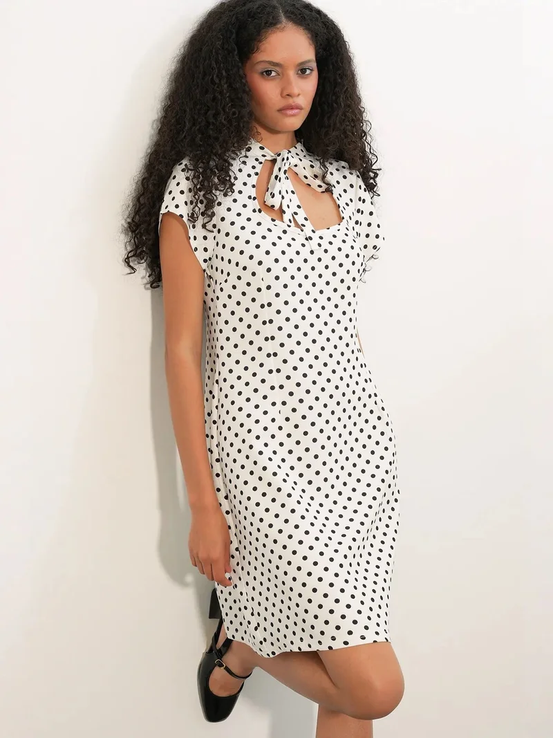 Big Dart Dusty White BDART Polka Dot A-Line Mini Dress With Bow for Women | Best Price UAE