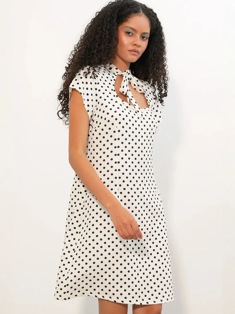 Big Dart Dusty White BDART Polka Dot A-Line Mini Dress With Bow for Women | Best Price UAE