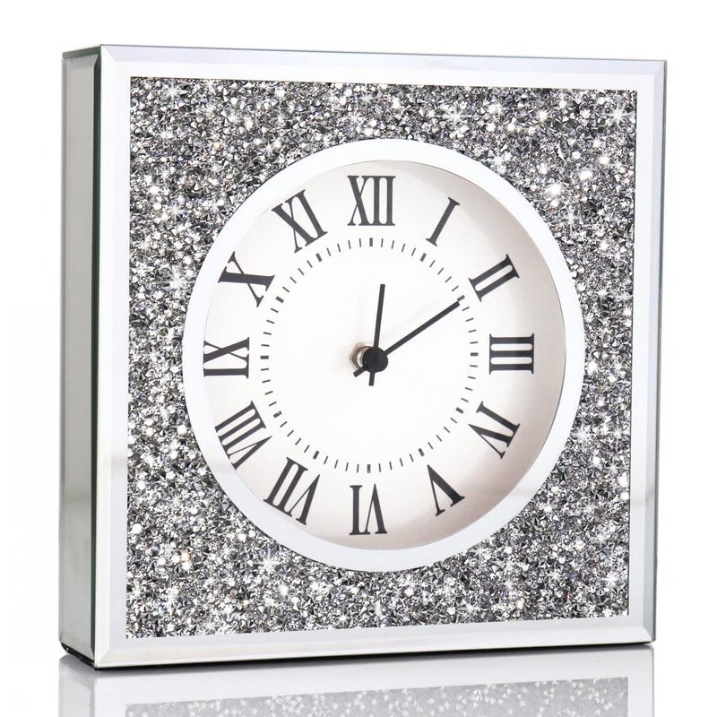 ALLARTONLY Desk Clock Wall Clock 8x8x2Inch Crushed Diamond Mirrored Clock Table Top Decorative Clock for Home Decoration AA Battery not Included