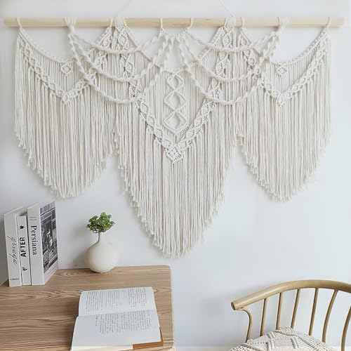 Achart Macrame Wall Hanging Large- Boho Wall Decor- large wall art- Wall Decor Living Room- Macrame Tapestry Boho Decor for Bedroom (Beige-Fringe) - Image 2