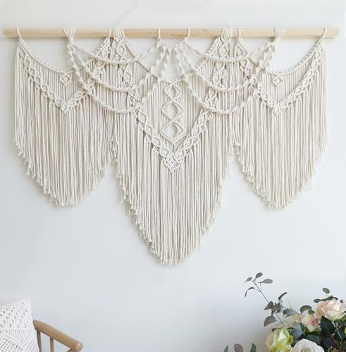 Achart Macrame Wall Hanging Large- Boho Wall Decor- large wall art- Wall Decor Living Room- Macrame Tapestry Boho Decor for Bedroom (Beige-Fringe) - Image 1