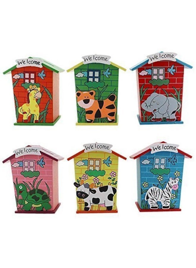 GOLD LEAF Return Gift Piggy Bank Wood House Animal Designs (1J251) - Pack of 6, Cottage, Multi-Coloured