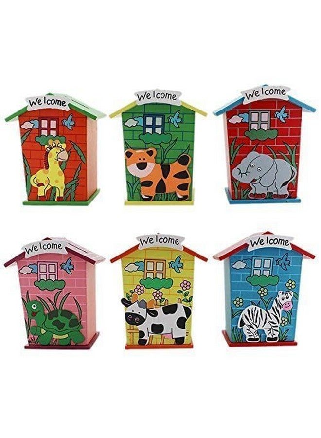 GOLD LEAF Return Gift Piggy Bank Wood House Animal Designs (1J251) - Pack of 6, Cottage, Multi-Coloured